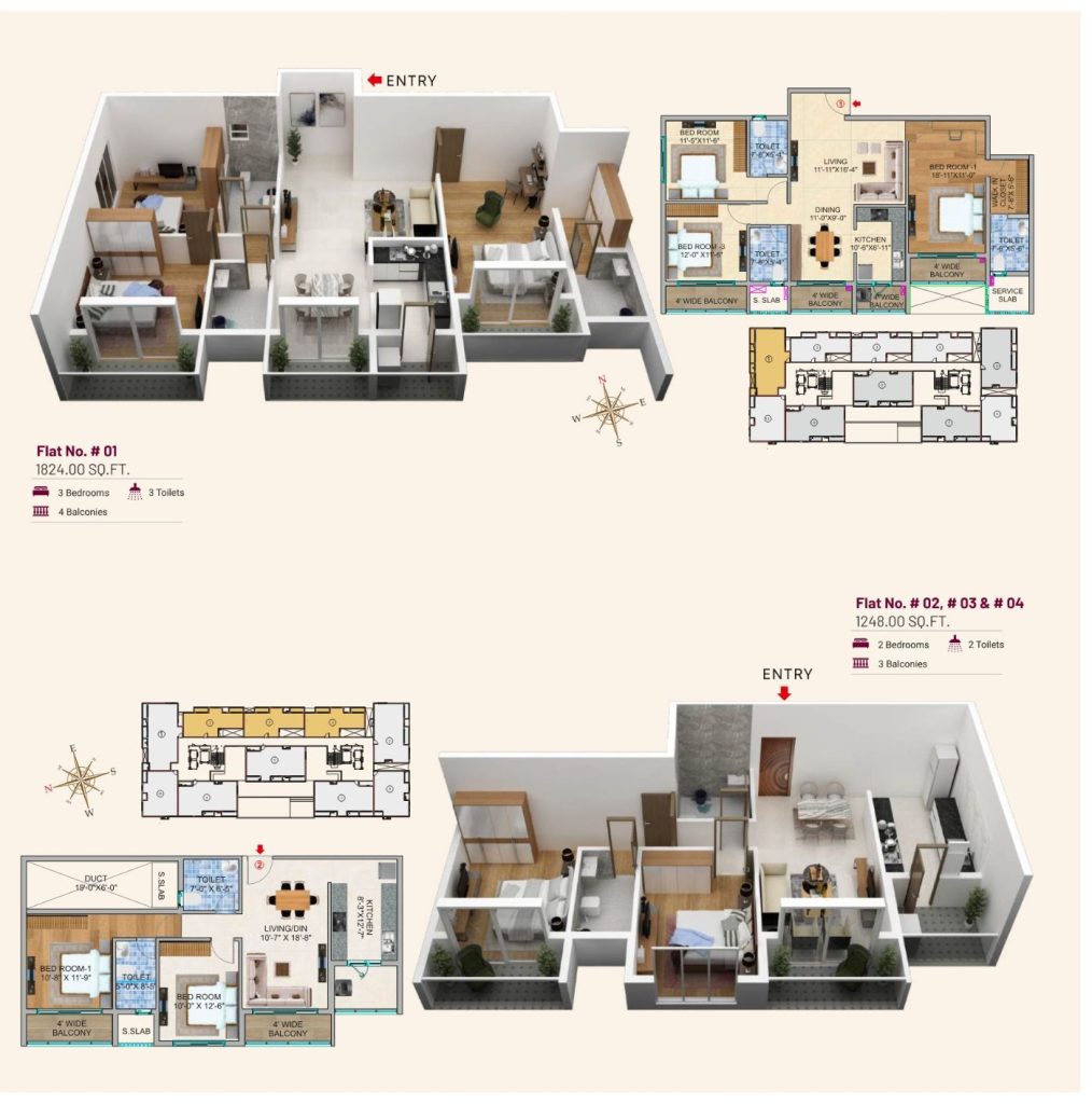 3D layouts — Flat 01 (1,824 sq ft) and Flats 02 to 04 (1,248 sq ft), Block A