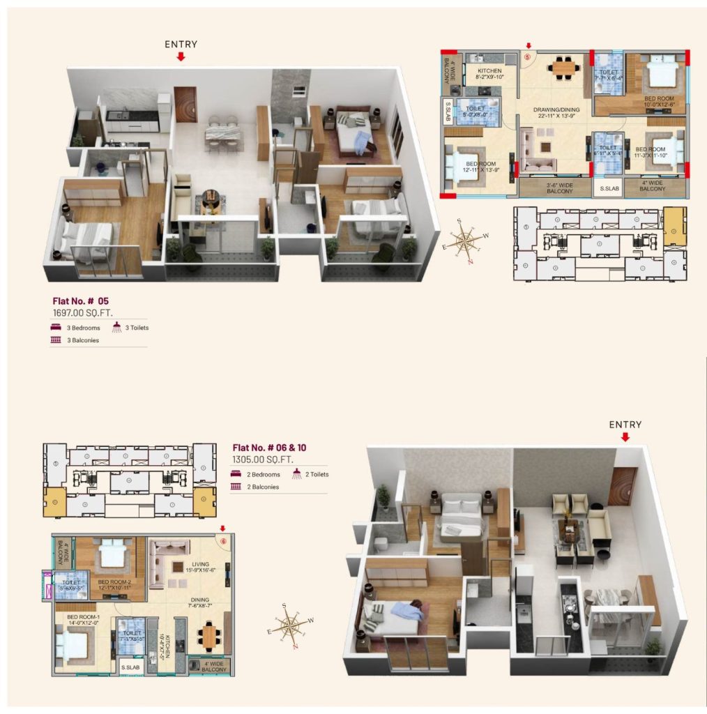 3D layouts — Flat 05 (1,697 sq ft) and Flats 06 and 10 (1,305 sq ft), Block A