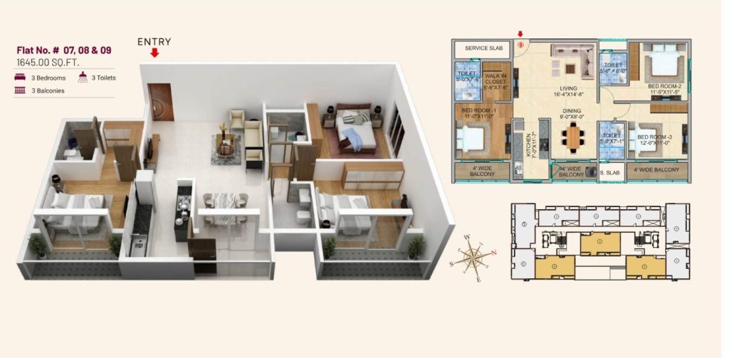 3D layout — Flats 07, 08 and 09 (1,645 sq ft), Block A, with street-level view