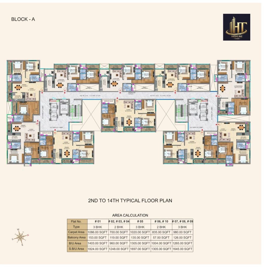 R.R. HighLine Tower — 2nd to 14th typical floor plan, Block A